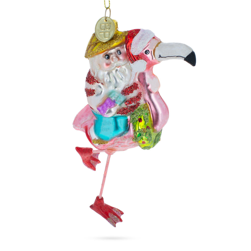 Glass Santa Riding a Pink Flamingo - Blown Glass Christmas Ornament in Multi color