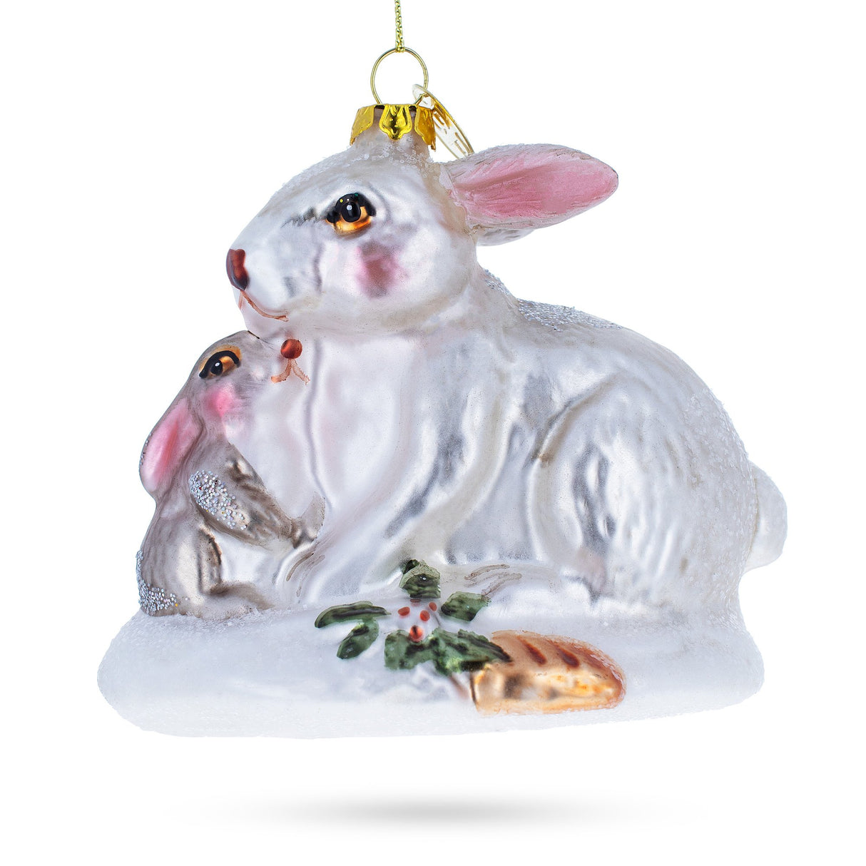 Tender Mother and Baby Bunnies - Blown Glass Christmas Ornament in Silver color,  shape