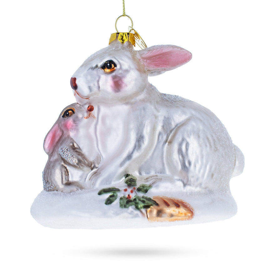 Mother and Baby Bunnies Glass Christmas Ornament in Silver color