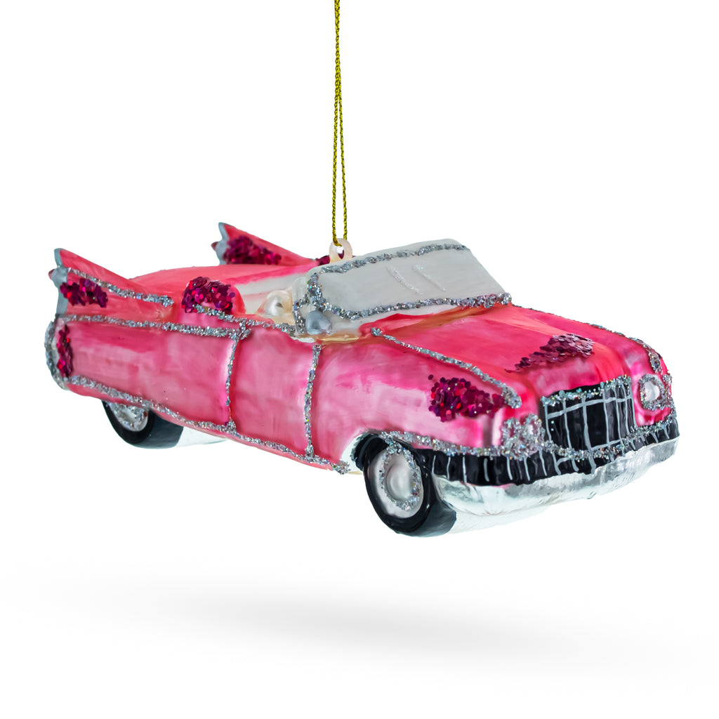 Glass Classic Convertible Retro Car - Blown Glass Christmas Ornament in Pink color