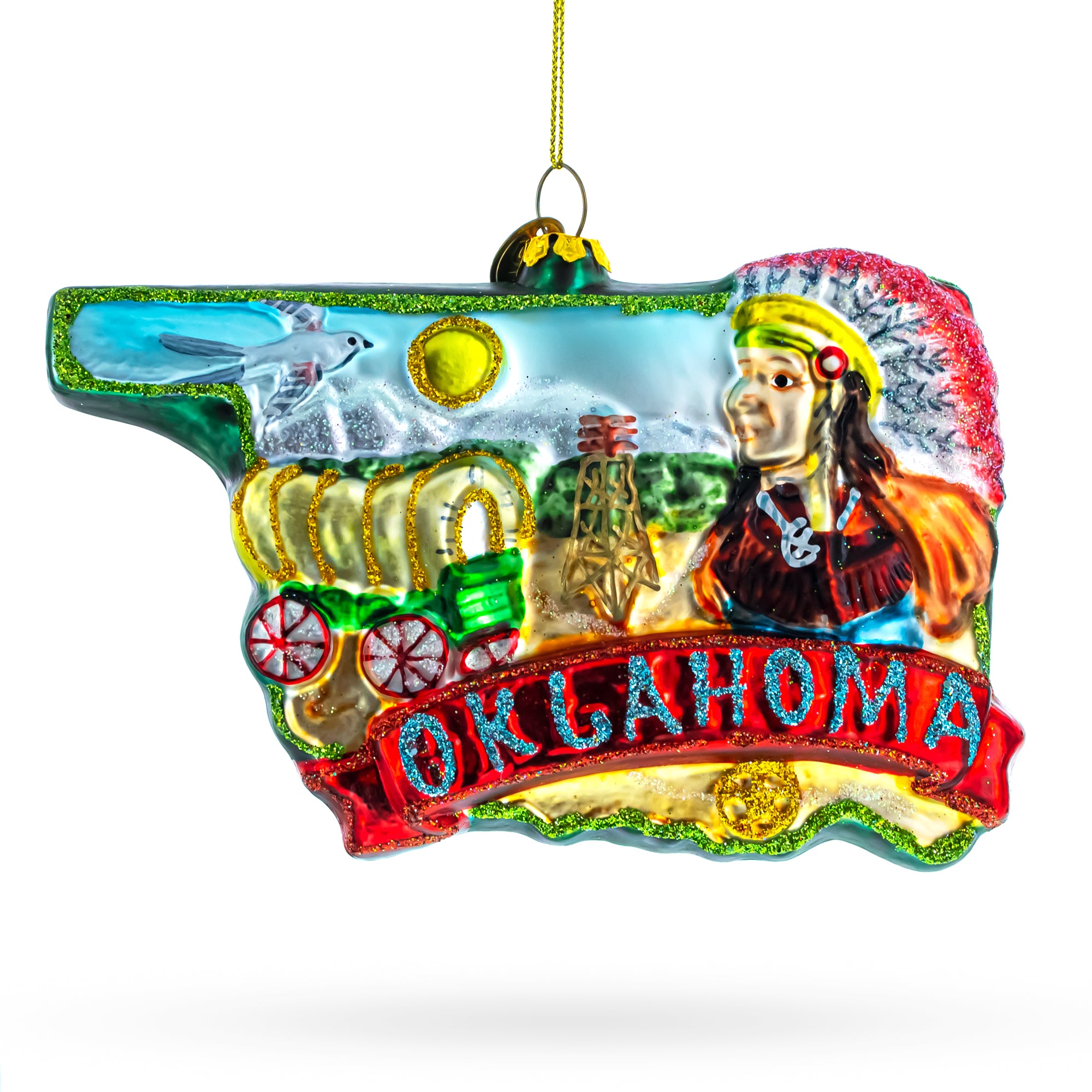 State of Oklahoma Symbols, USA Glass Christmas Ornament in Multi color Figurine