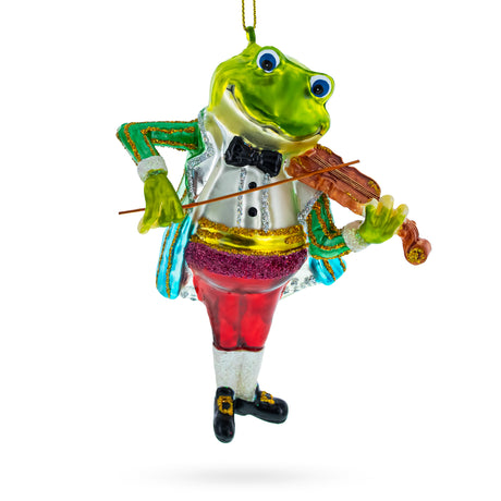 Frog Playing Violin Blown Glass Christmas Ornament in Multi color
