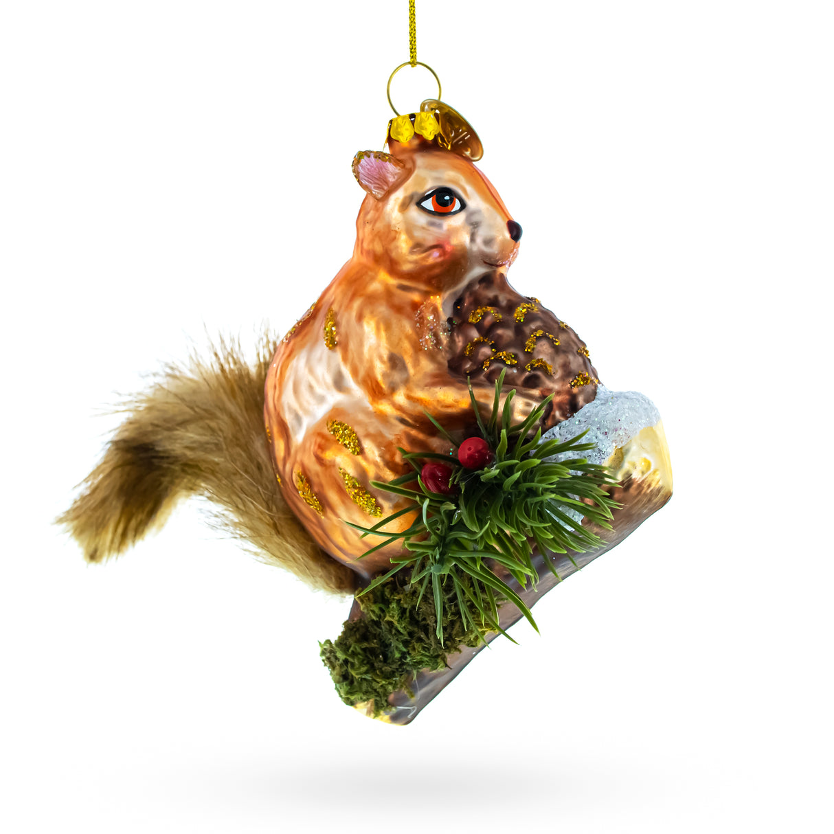 Playful Squirrel on a Branch - Blown Glass Christmas Ornament in Brown color,  shape