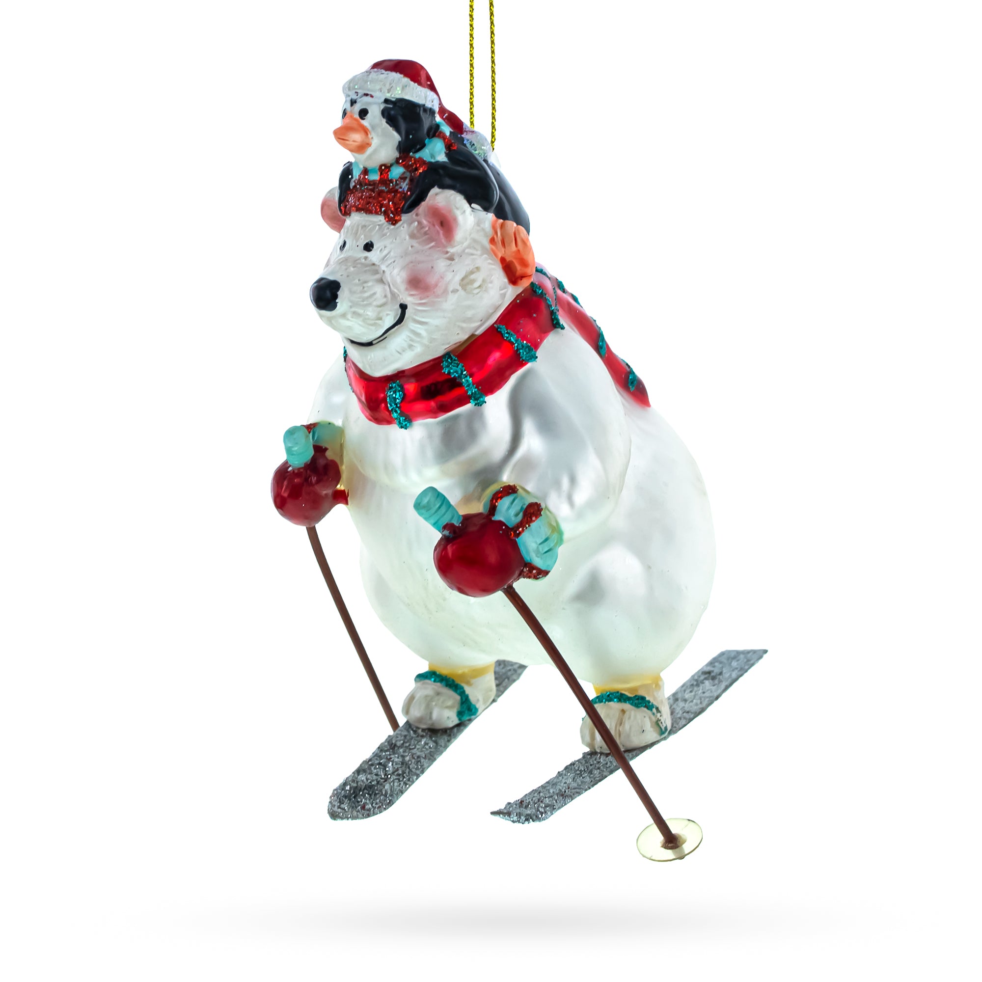 Bear and Penguin Skiing Glass Christmas Ornament in White color Figurine
