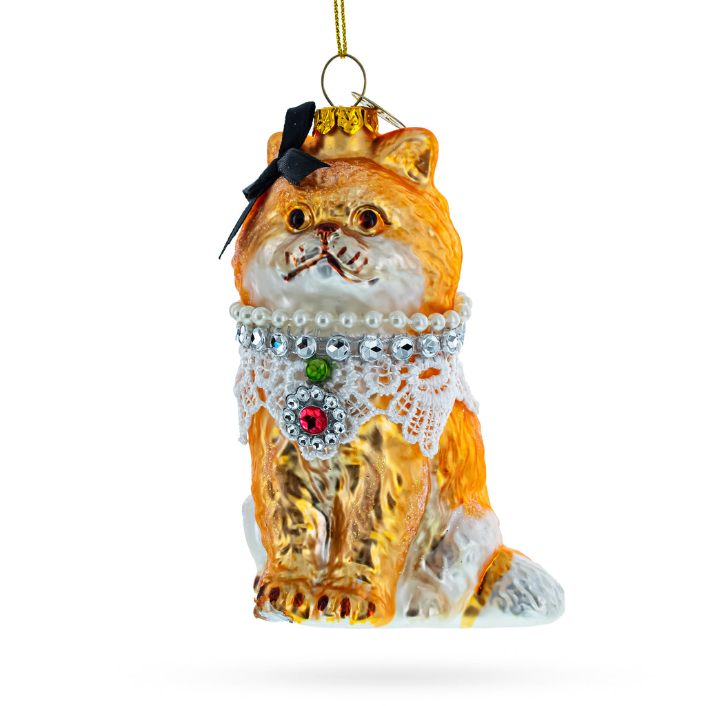 Glass Chic Cat with Pendant - Blown Glass Christmas Ornament in Orange color