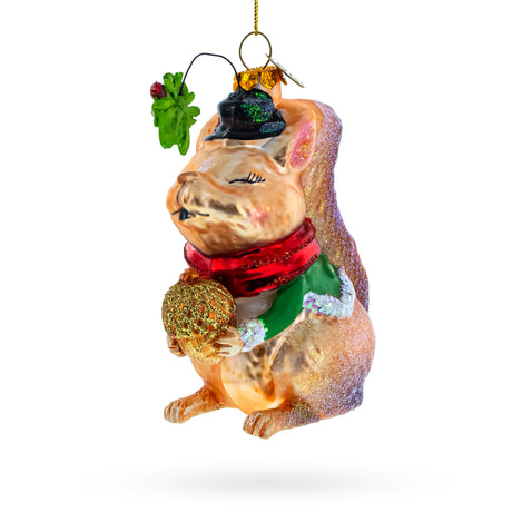 Squirrel Cradling an Acorn - Blown Glass Christmas Ornament in Multi color,  shape