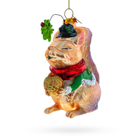 Glass Squirrel Cradling an Acorn - Blown Glass Christmas Ornament in Multi color