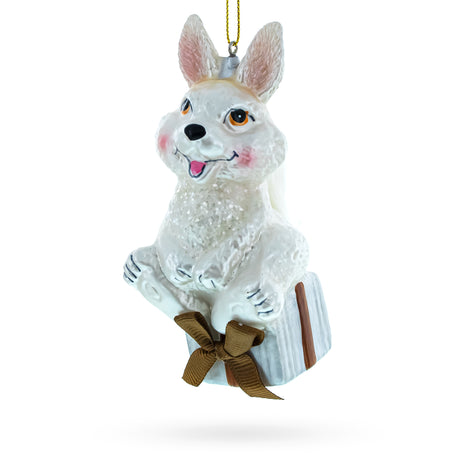 Glass Bunny Elegantly Perched on a Festive Gift Box - Blown Glass Christmas Ornament in White color