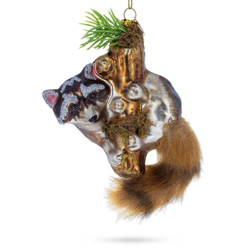 Curious Raccoon Climbing the Tree Glass Christmas Ornament in Brown color Figurine