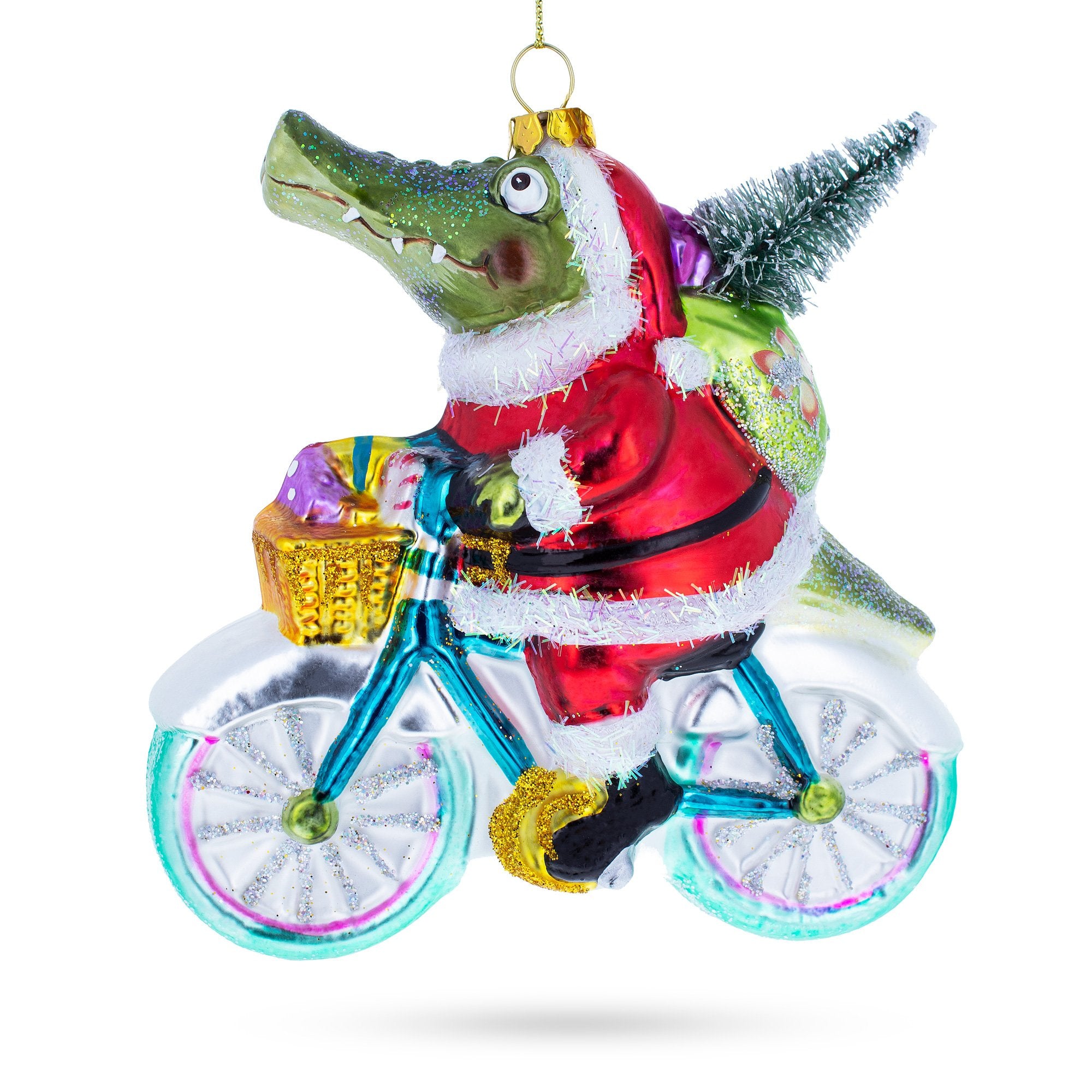 Alligator Riding Bicycle with Gifts Glass Christmas Ornament in Red color Figurine