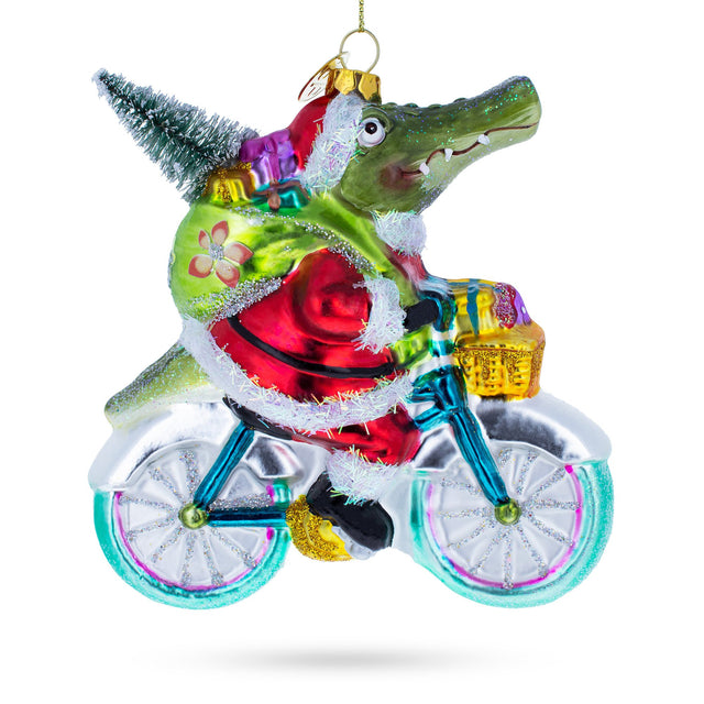 Playful Alligator Riding Bicycle with Gifts - Blown Glass Christmas Ornament in Multi color,  shape
