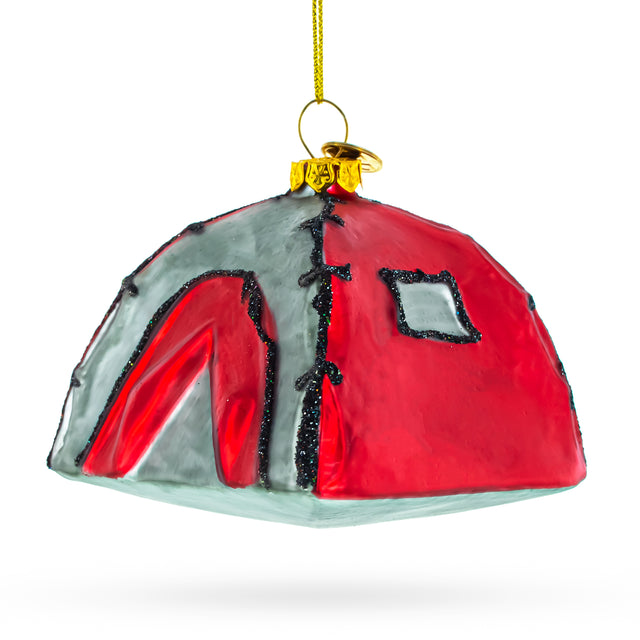Cozy Camping Tent - Blown Glass Christmas Ornament in Red color,  shape