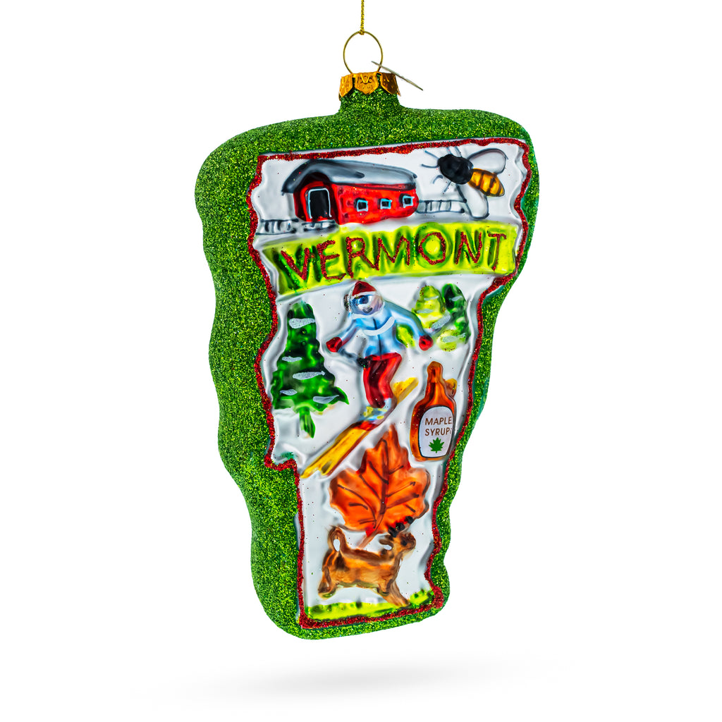 State of Vermont Symbols, USA Glass Christmas Ornament in Multi color Figurine