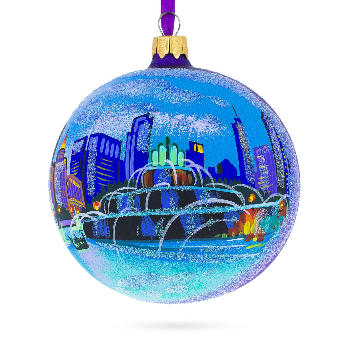 Buckingham Fountain, Chicago, Illinois, USA Glass Ball Christmas Ornament 4 Inches in Multi color, Round shape