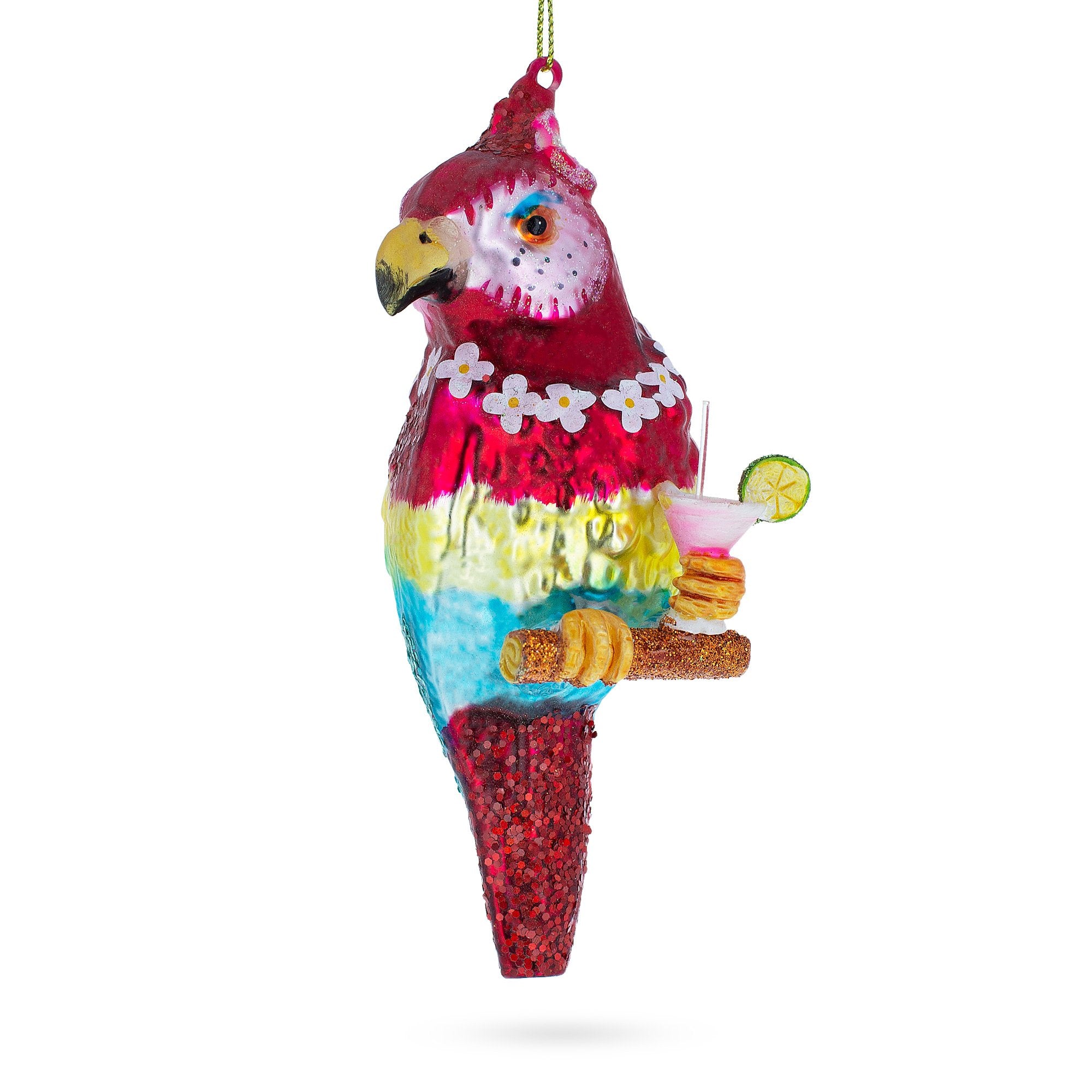 Vibrant Parrot with Drink Blown Glass Christmas Ornament in Multi color Figurine