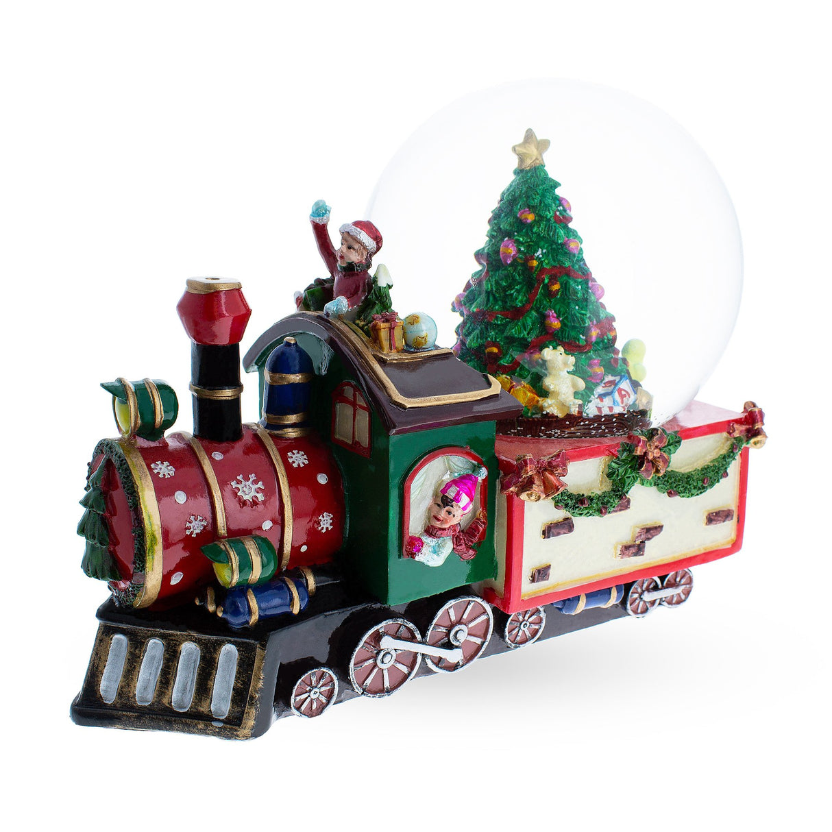 Holiday Express: Musical Water Snow Globe with Children Riding a Train, and Christmas Tree in Multi color, Round shape