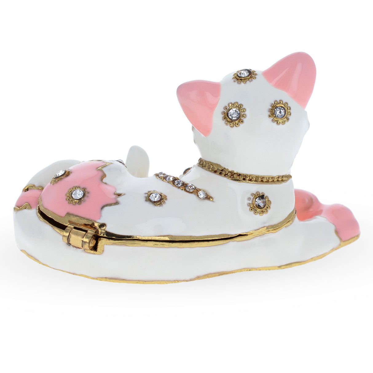 Pink and White Cat Jeweled Trinket Box Figurine ,dimensions in inches: 1.8 x  x 2.75