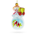 Snowman with Red Cardinals Holding a Gift - Premium Blown Glass Christmas Ornament in Multi color,  shape