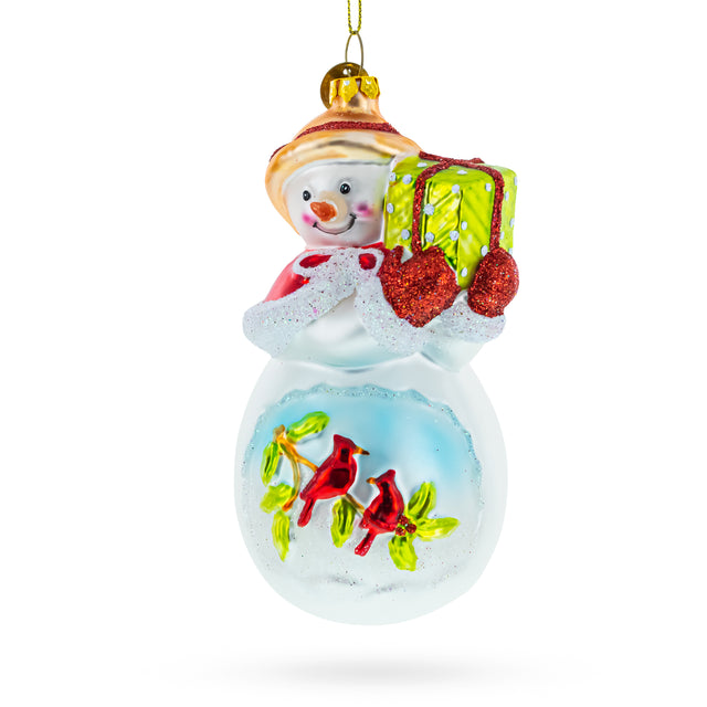 Glass Snowman with Red Cardinals Holding a Gift - Premium Blown Glass Christmas Ornament in Multi color