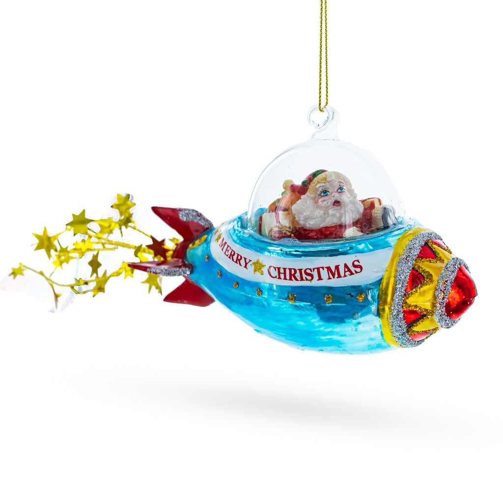 Cosmic Santa Riding Spaceship Glass Christmas Ornament in Blue color Figurine