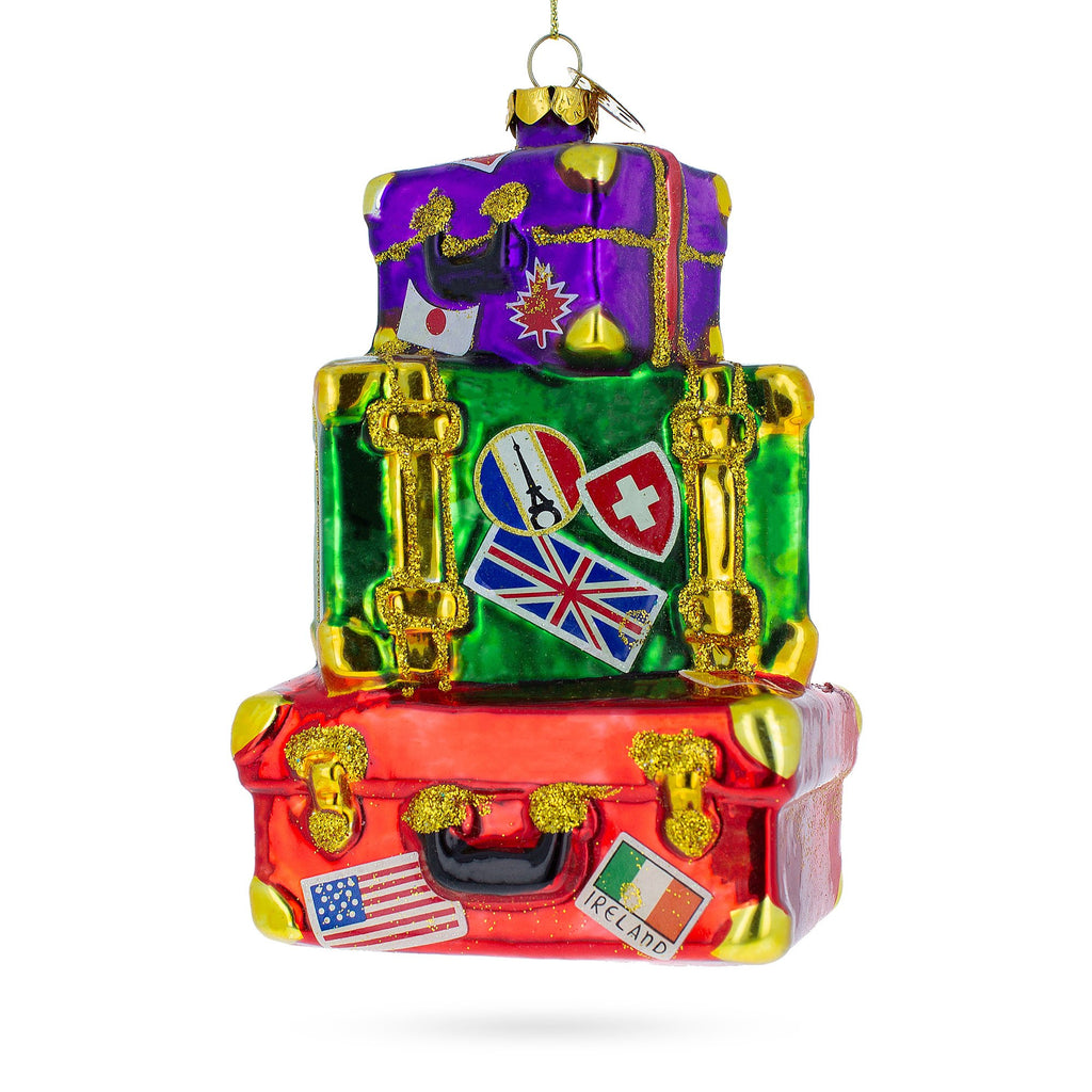 Vintage-Inspired Luggage with Travel Stickers Glass Christmas Ornament in Multi color Figurine