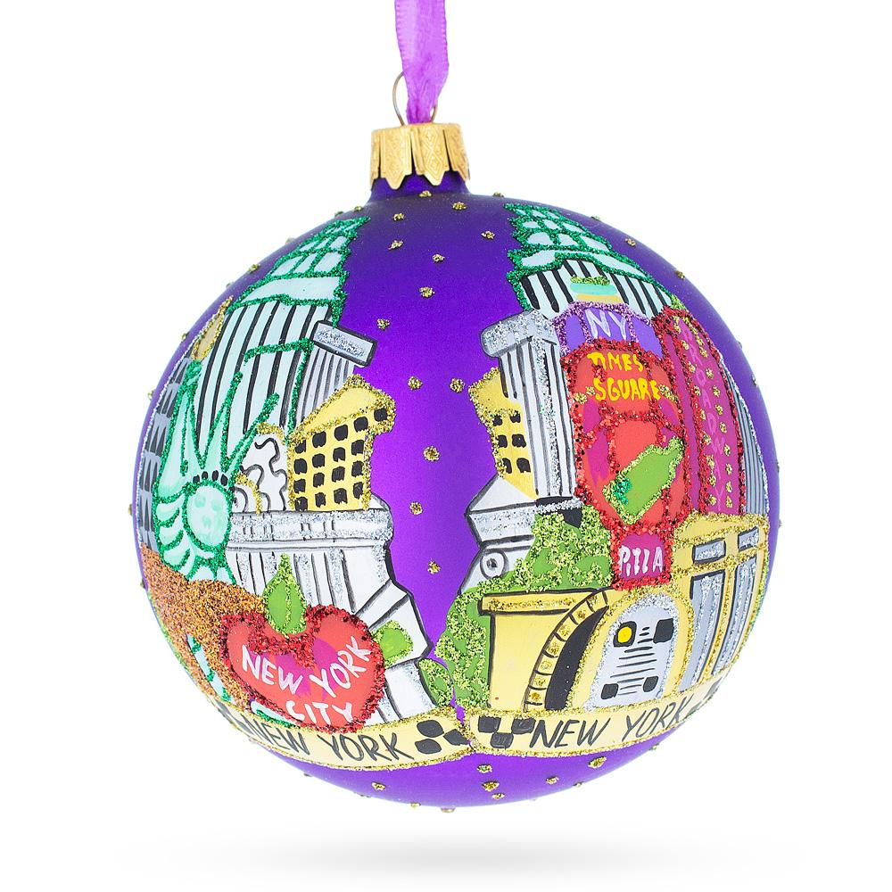 Best of New York City Glass Ball Christmas Ornament 4 Inches in Purple color, Round shape