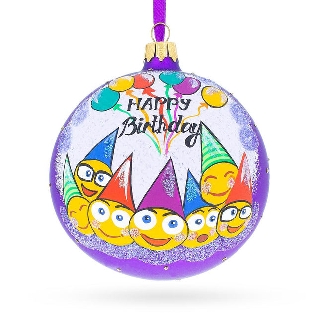 Celebrating Another Year: Happy Birthday Facial Expressions Blown Glass Ornament 4 Inches in Purple color, Round shape
