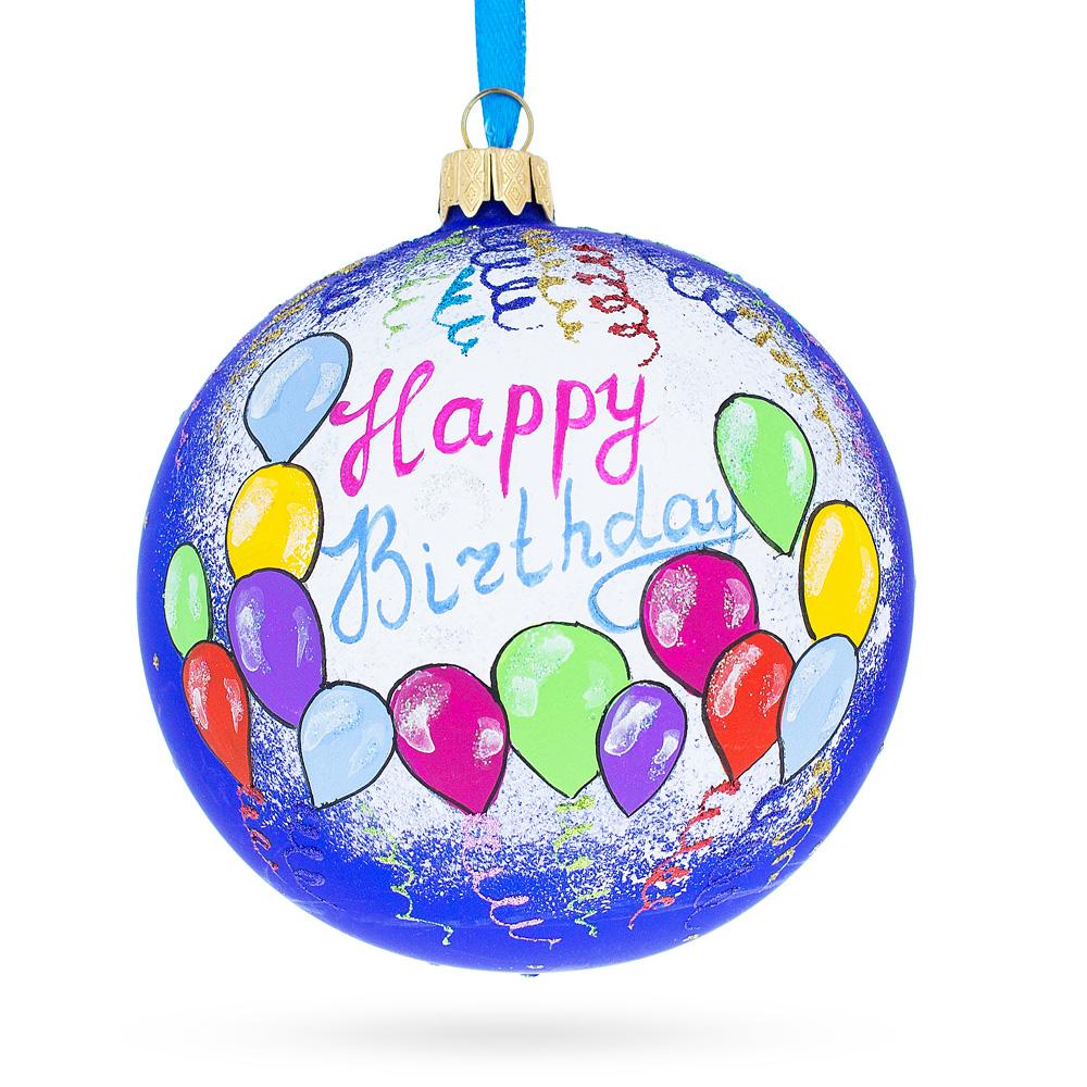 Birthday Delight: Happy Birthday Balloons & Cupcakes Blown Glass Ball Christmas Ornament 4 Inches in Blue color, Round shape