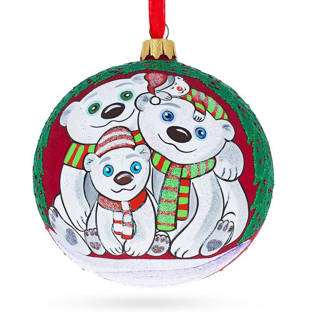 Cozy Bear Family Blown Glass Ball Christmas Ornament 4 Inches in Multi color, Round shape