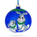 Two Bunnies Glass Ball Christmas Ornament 4 Inches in Blue color Round