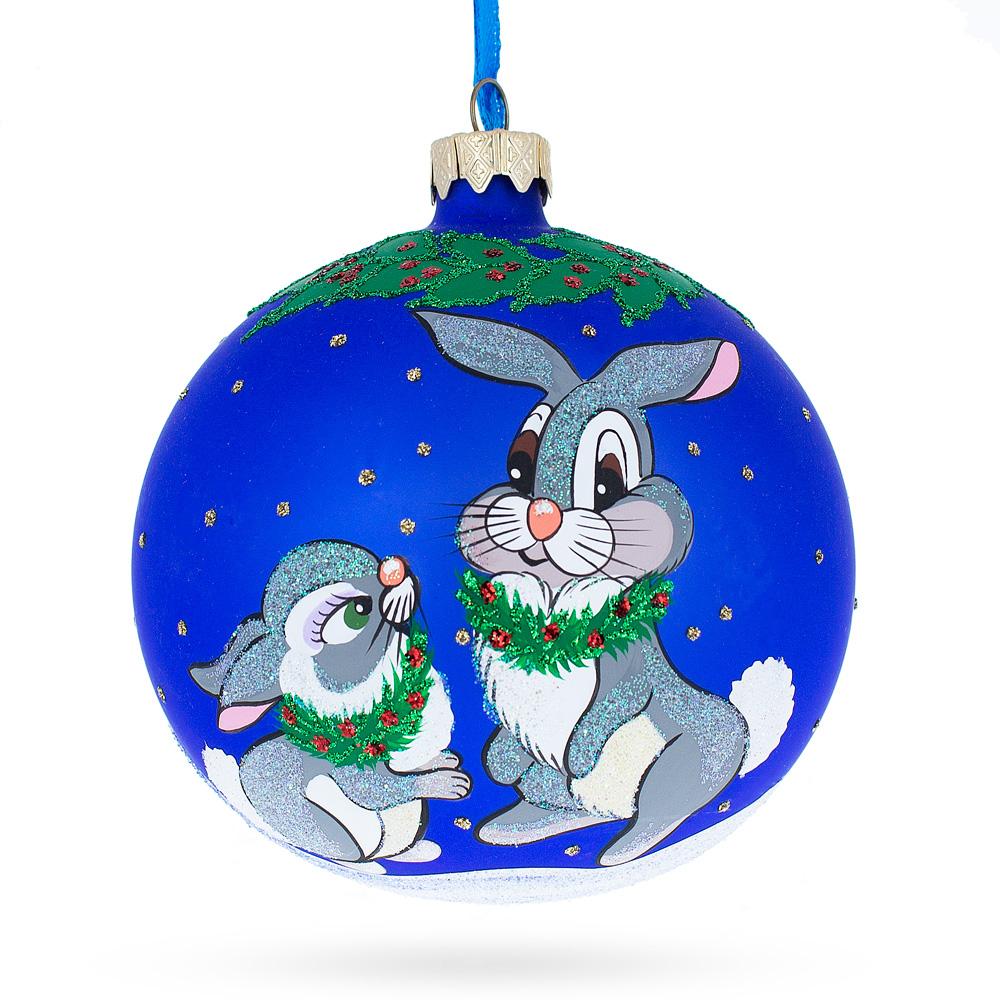 Sweet Harmony: Two Bunnies Glass Blown Ball Christmas Ornament 4 Inches in Blue color, Round shape