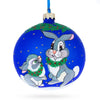 Sweet Harmony: Two Bunnies Glass Blown Ball Christmas Ornament 4 Inches in Blue color, Round shape