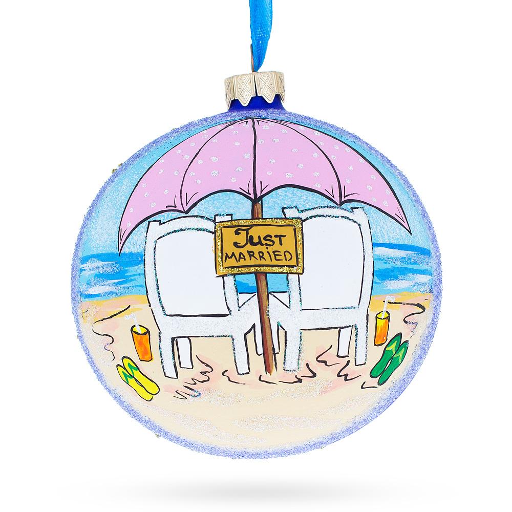 Glass Romantic Bliss: Just Married on the Beach Blown Glass Ball Christmas Ornament 4 Inches in Blue color Round