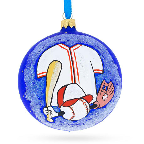 Glass America's Pastime: Baseball Blown Glass Ball Christmas Ornament 4 Inches in Blue color Round