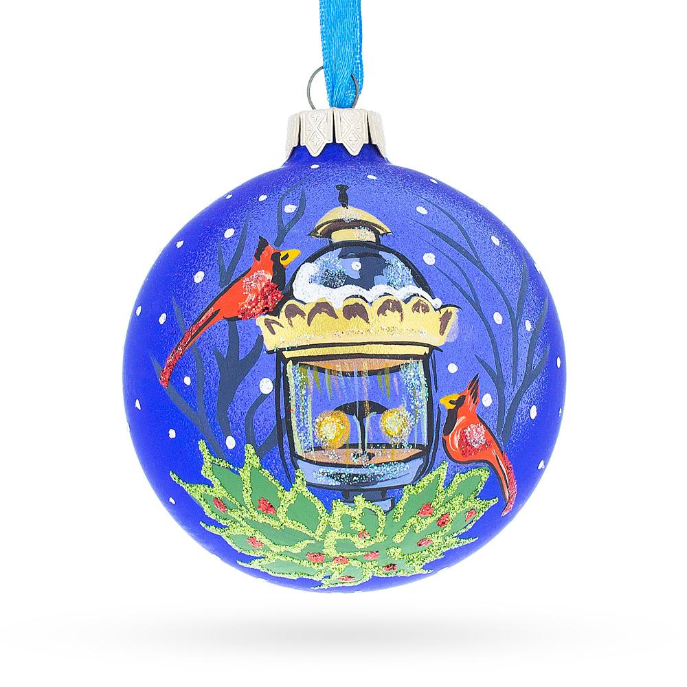 Glass Twilight Serenade: Red Cardinals by Lantern Blown Glass Ball Christmas Ornament 3.25 Inches in Blue color Round