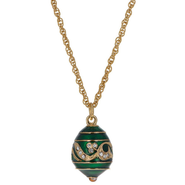 Regal Currents: Green Enameled Wave Royal Egg Necklace, 20 Inches in Green color, Oval shape