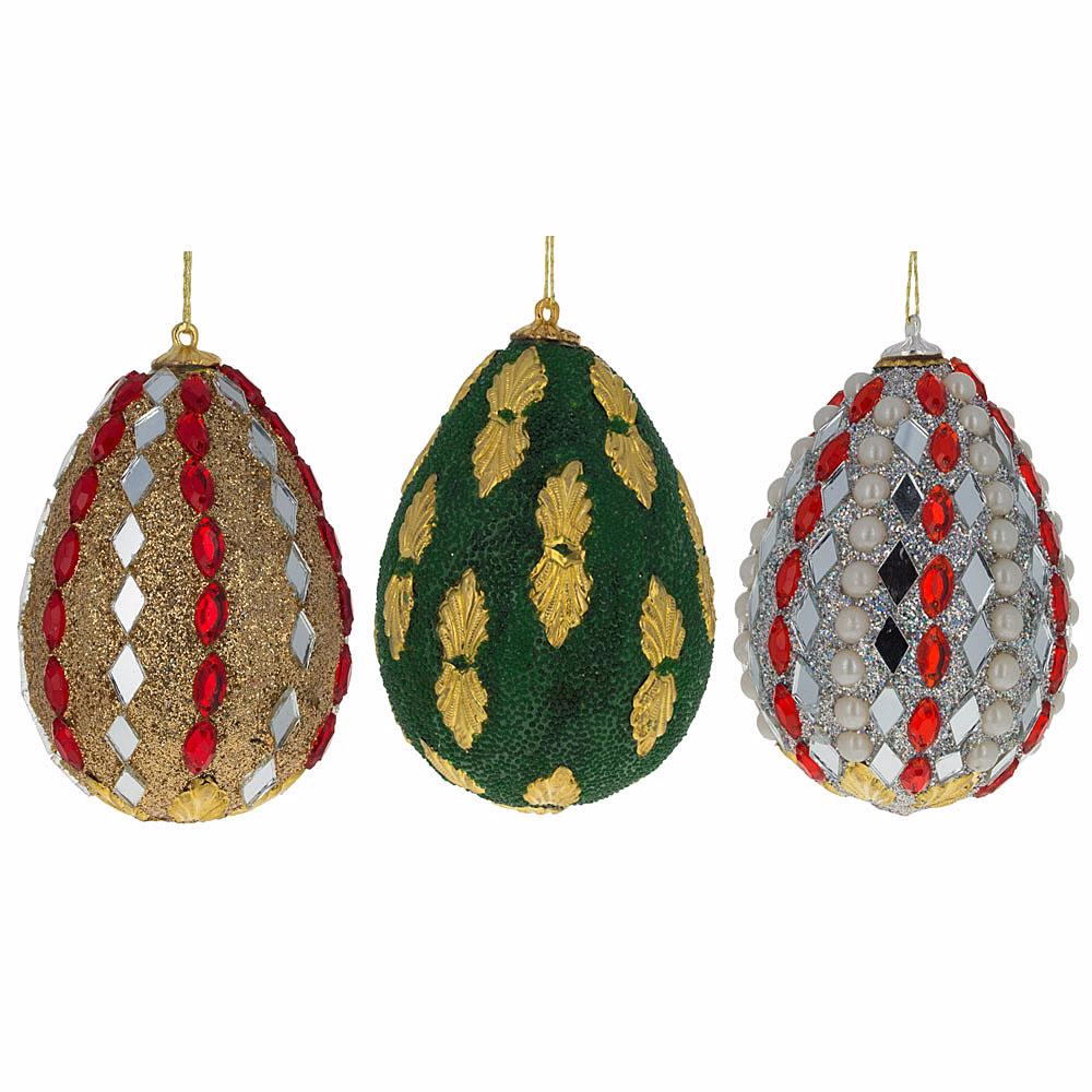 Set of 3 Mirrored and Golden Metal Leaf Wooden Egg Ornaments 3 Inches in Multi color, Oval shape