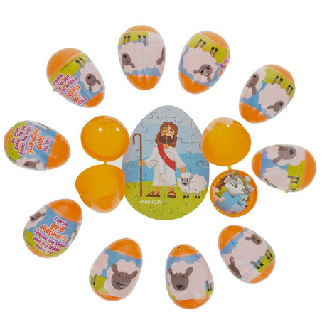 Set of 12 Plastic Religious Puzzle Filled Eggs in Multi color Oval