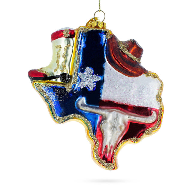 Texan Charm: Cowboy Hat and Texas State - Blown Glass Christmas Ornament in Multi color,  shape