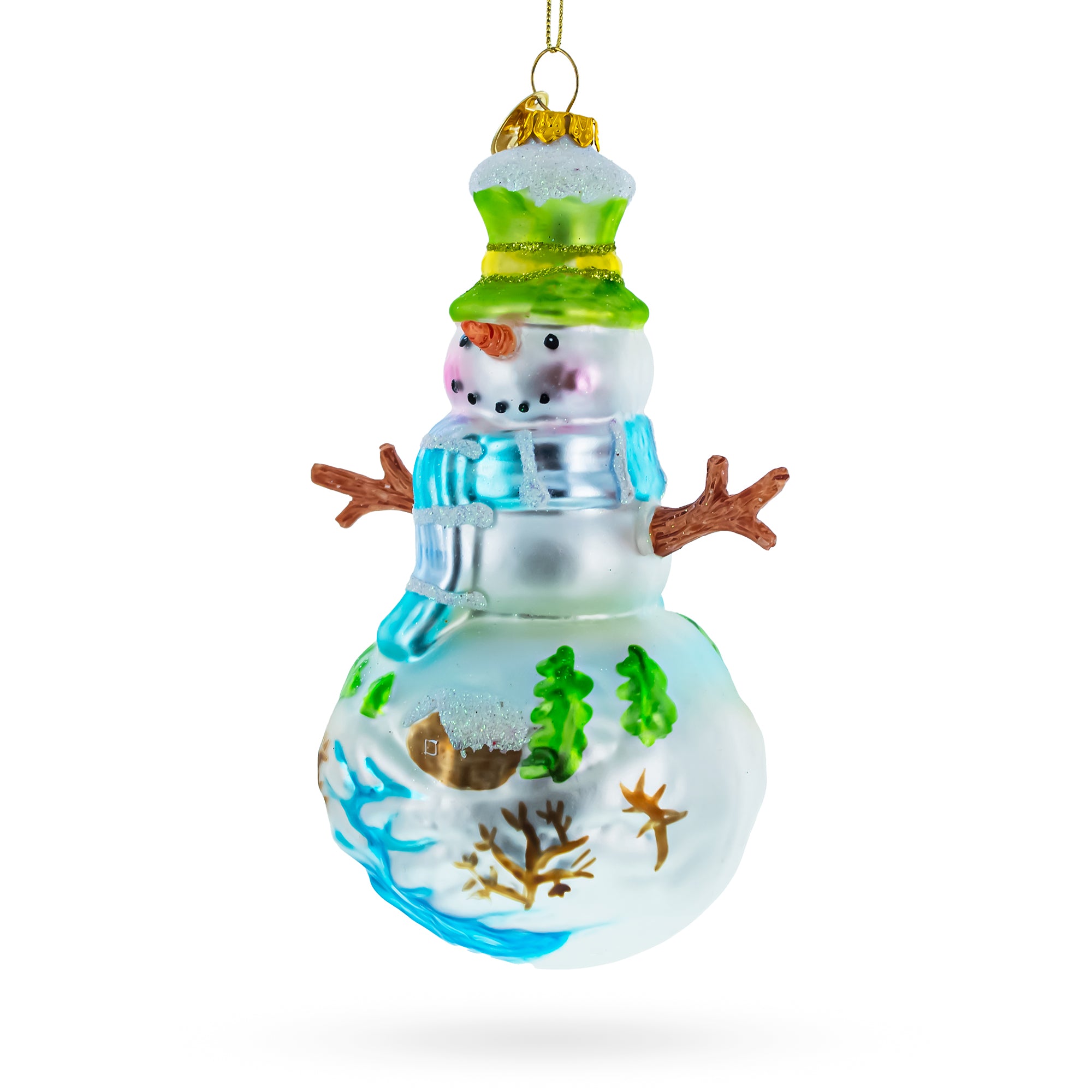 Snowman with Winter Village Painting Blown Glass Christmas Ornament in Multi color Figurine