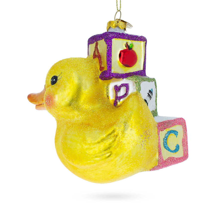 Educational Yellow Duck with ABC Blocks Blown Glass Christmas Ornament , dimensions in inches: 4.73 x 4.53 x 3.47