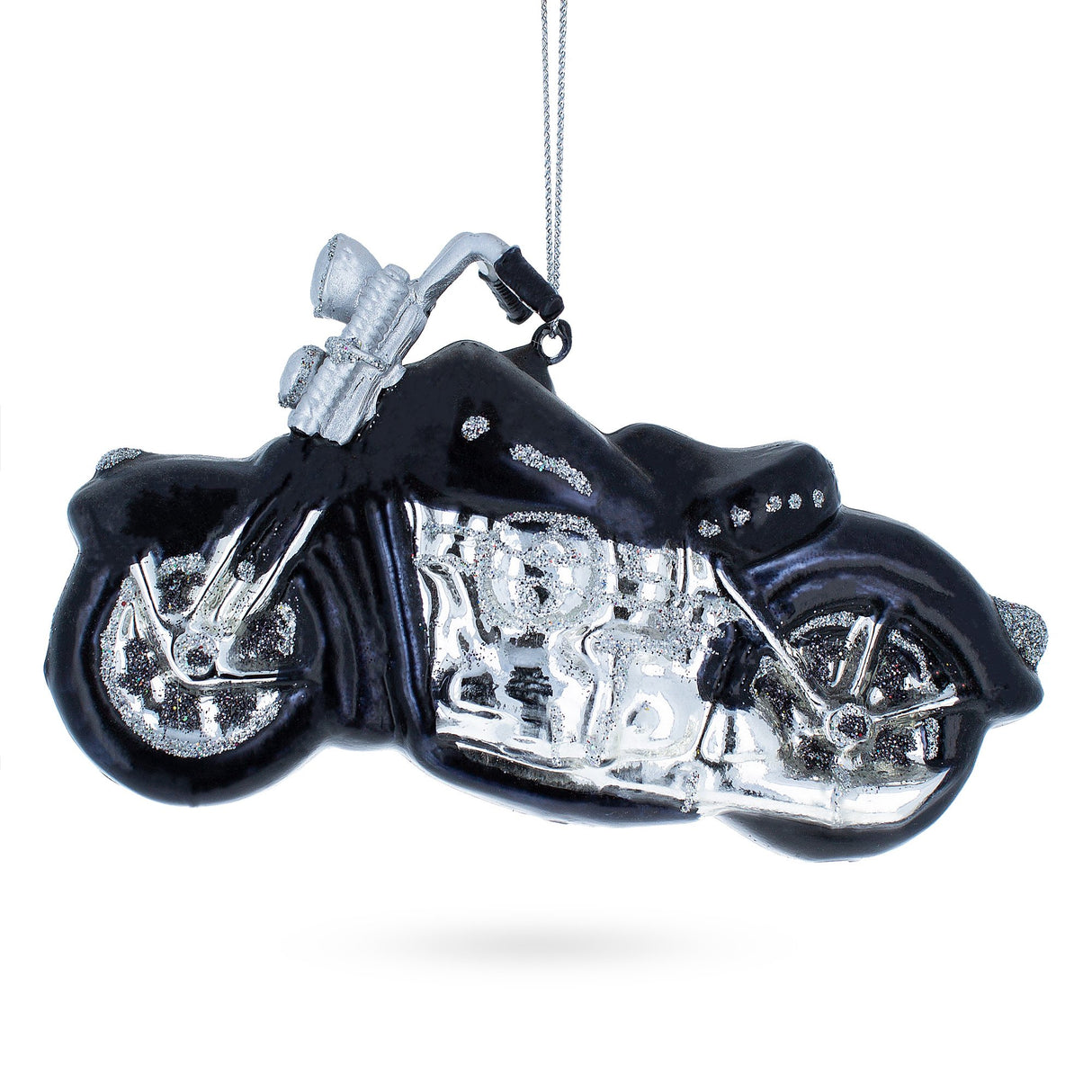 Sleek Black Motorcycle - Blown Glass Christmas Ornament in Black color,  shape