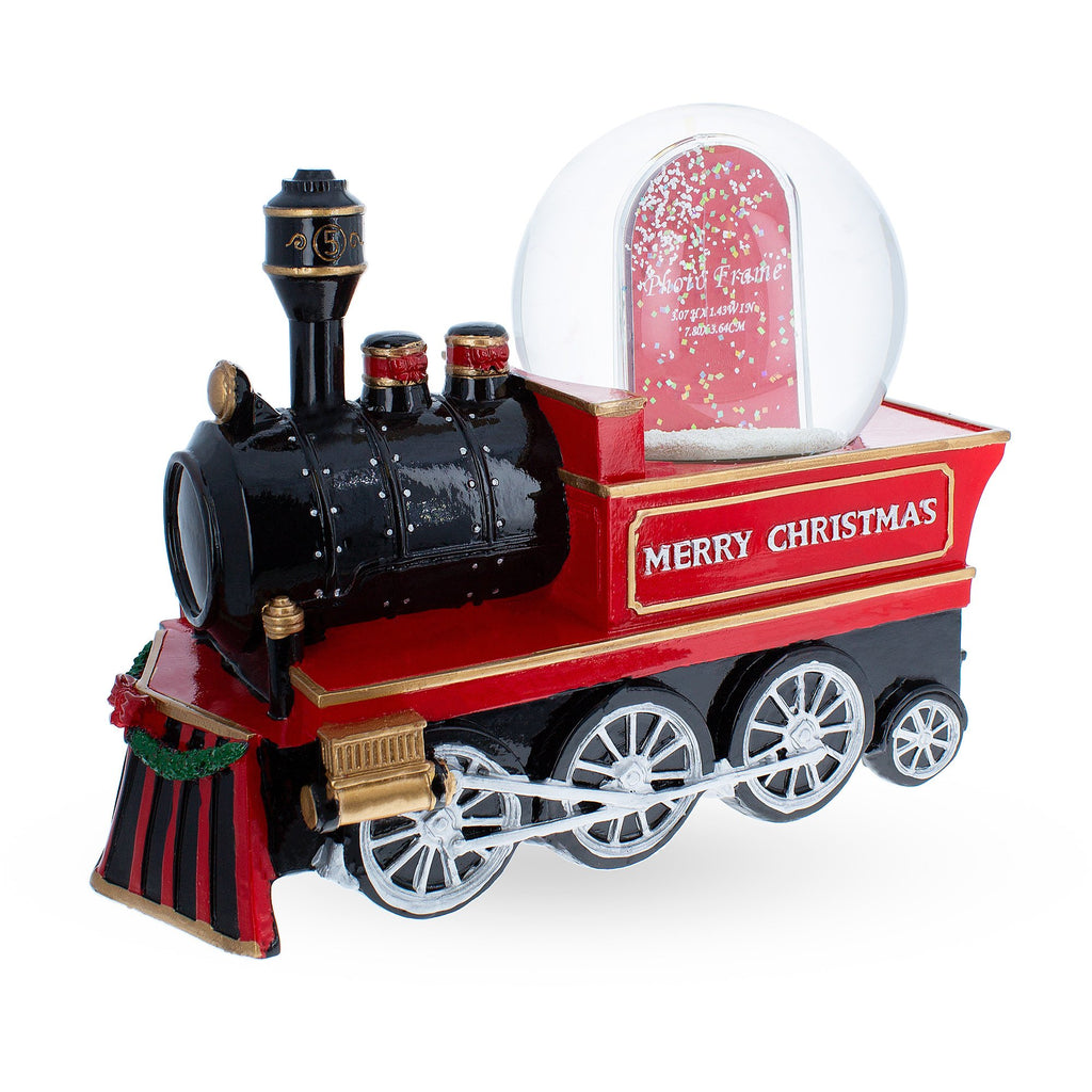 Whimsical Train Ride: Musical Christmas Water Snow Globe with Picture Frame in Red color, Round shape
