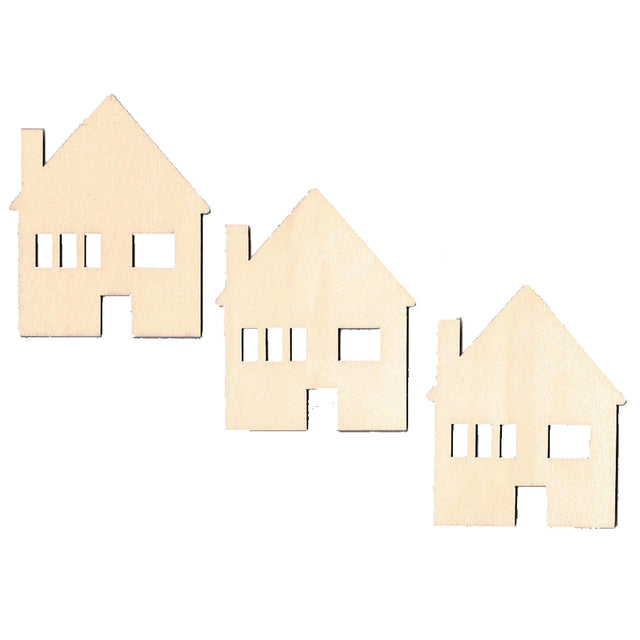 3 Houses Unfinished Wooden Shapes Craft Cutouts DIY Unpainted 3D Plaques 4 Inches in Beige color,  shape