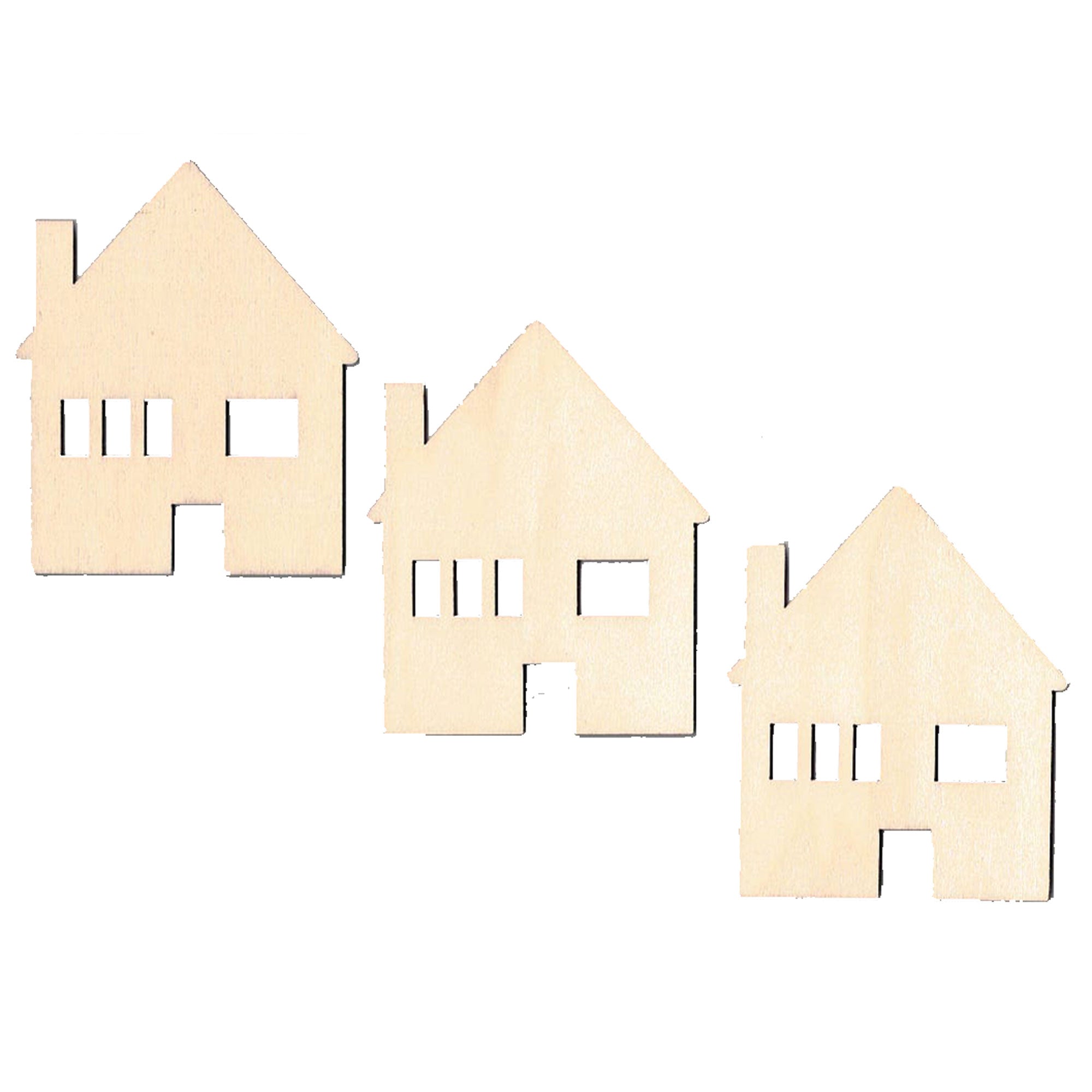 3 Houses Unfinished Wooden Shapes Craft Cutouts DIY Unpainted 3D Plaques 4 Inches in Beige color