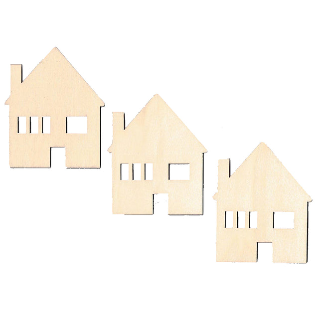 3 Houses Unfinished Wooden Shapes Craft Cutouts DIY Unpainted 3D Plaques 4 Inches in Beige color