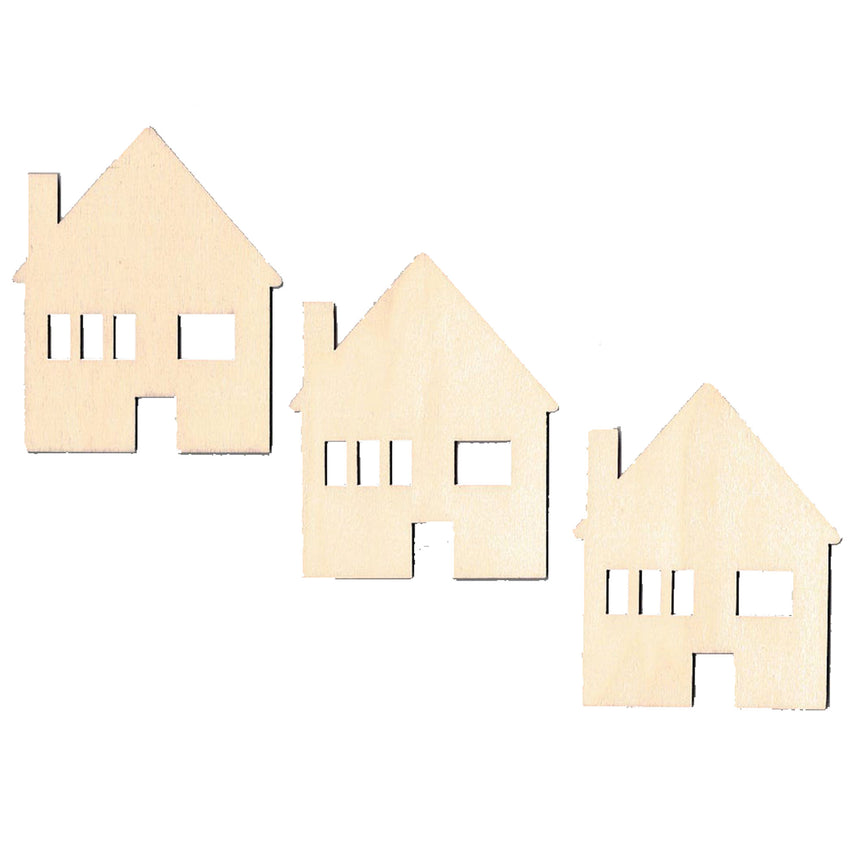 3 Houses Unfinished Wooden Shapes Craft Cutouts DIY Unpainted 3D Plaques 4 Inches in Beige color