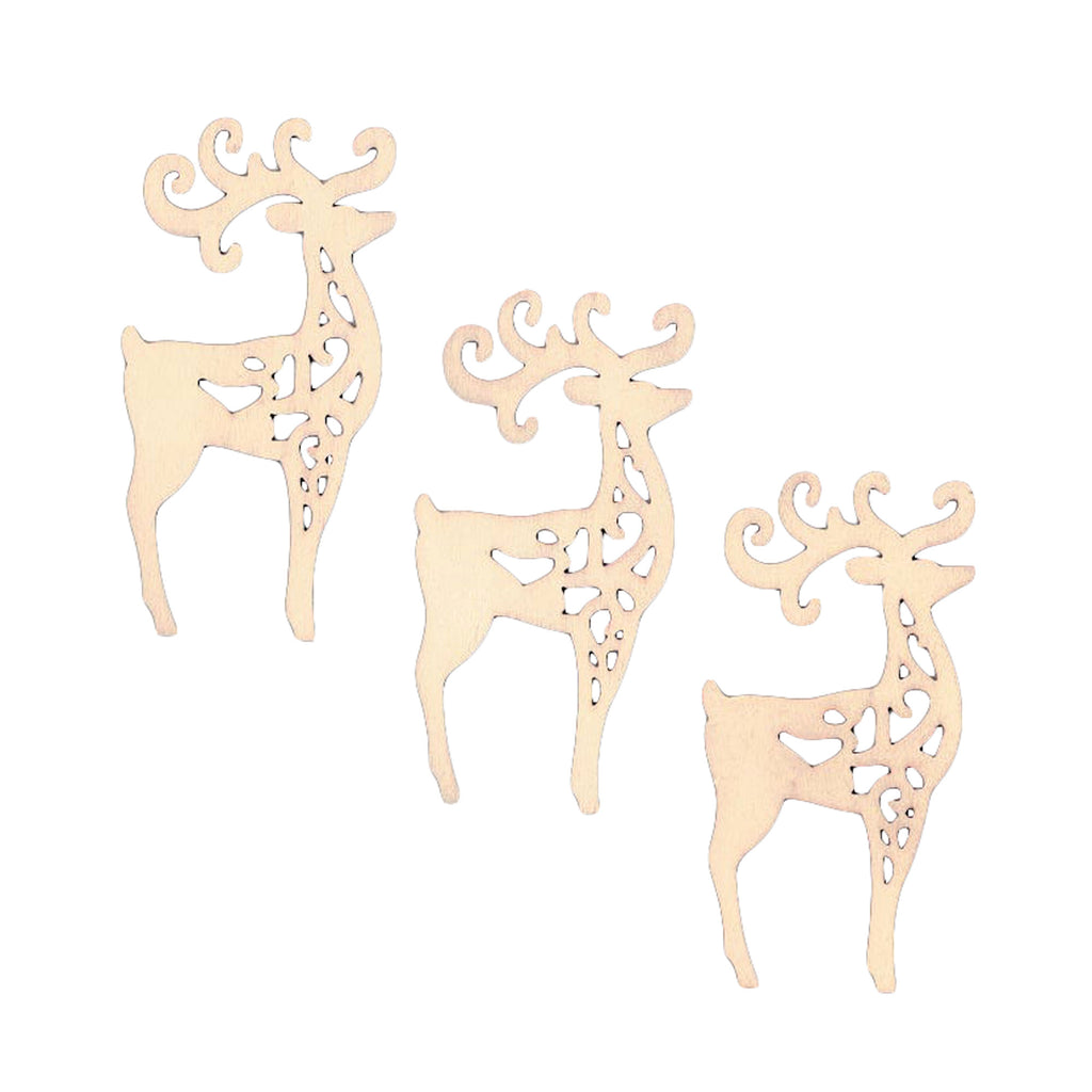 Wood 3 Reindeer Unfinished Wooden Shapes Craft Cutouts DIY Unpainted 3D Plaques 4 Inches in Beige color