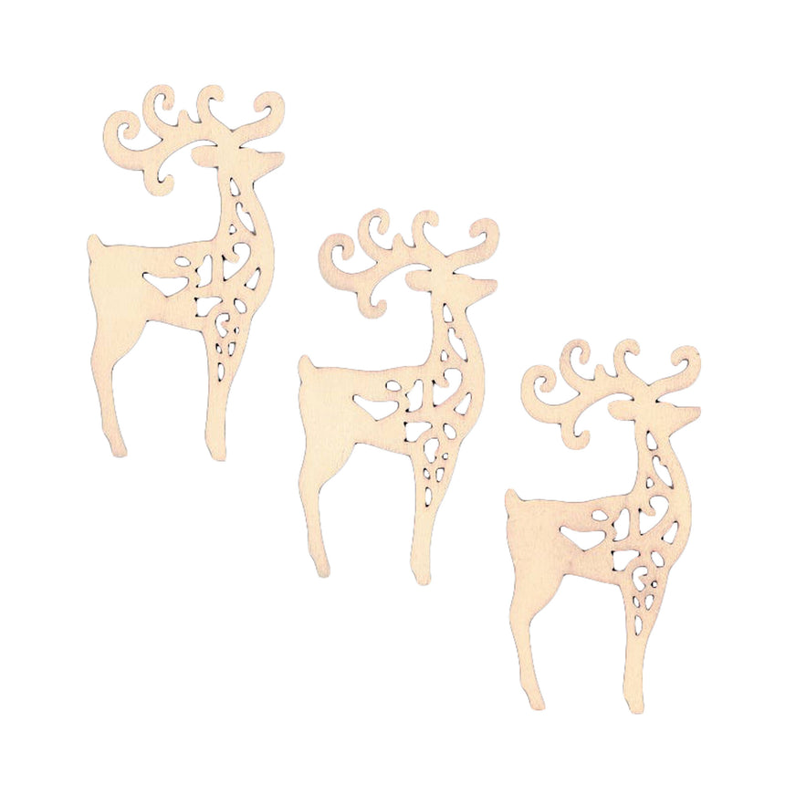 3 Reindeer Unfinished Wooden Shapes Craft Cutouts DIY Unpainted 3D Plaques 4 Inches in Beige color