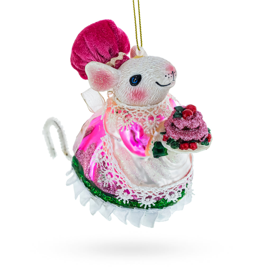 Whimsical Mouse in Festive Costume Holding a Cake - Blown Glass Christmas Ornament in Multi color,  shape